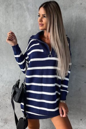 Blue Striped O-ring Zip Collared Loose Sweater Mini Dress - Image 2