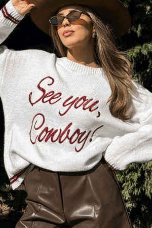 White See You Cowboy Embroidered Western Graphic Sweater - Image 2