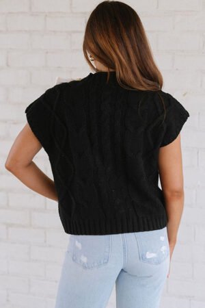 Black Cable Knit Colorblock Satin Bowknot Short Sleeve Sweater - Image 3