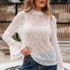 White Sheer Lace Bell Sleeve Mock Neck Blouse