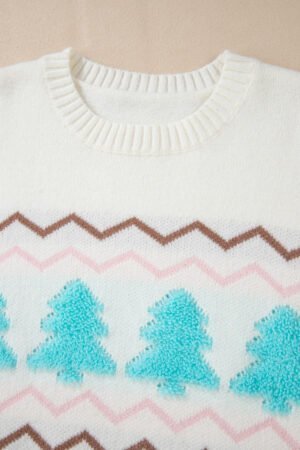 White Striped Christmas Tree Ribbed Trim Drop Shoulder Sweater - Image 8