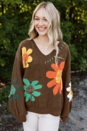 Alternative view of Coffee Big Flower Pattern V Neck Drop Shoulder Sweater