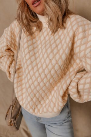 Alternative view of Smoke Gray Rhombus Textured Knit Mock Neck Sweater