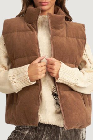 Coffee Corduroy Stand Neck Zipped Puffer Vest - Image 6