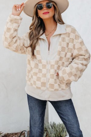 Khaki Checker Sherpa Corduroy Patchwork Zip up Collared Jacket - Image 11