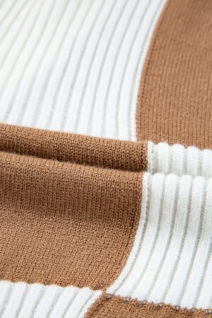 Khaki Checkered Pattern Ribbed Detail Button V Neck Sweater Cardigan - Image 8