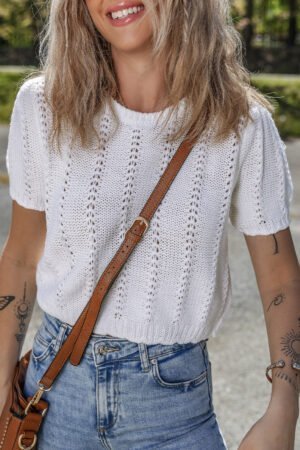 White Pointelle Knit Short Puff Sleeve Crewneck Sweater - Image 2