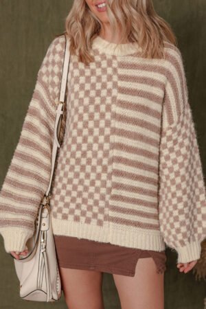 Khaki Stripe Checkerboard Drop Shoulder Balloon Sleeve Sweater - Image 4