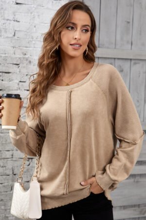 Light French Beige Solid Waffle Knit Patchwork Raglan Sleeve Sweatshirt - Image 5