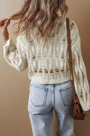 White Cut Out Crochet Crew Neck Loose Fit Sweater - Image 3