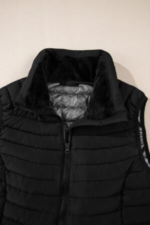 Black Plush Collared Quilted Zipped Puffer Vest - Image 8