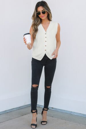 White V Neck Buttoned Sweater Vest - Image 6