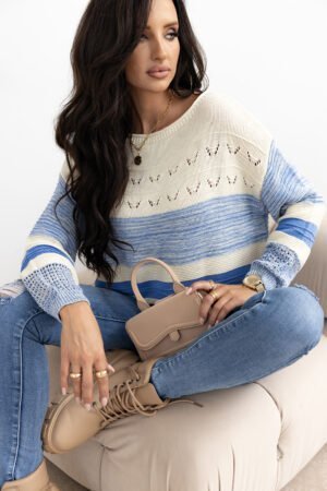 Light Blue Open Stitch Puff Sleeve Sweater - Image 3