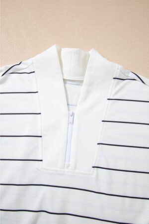 White Zip V Neck Casual Stripe Print Drop Shoulder Long Sleeve Top - Image 7