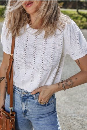 White Pointelle Knit Short Puff Sleeve Crewneck Sweater - Image 4