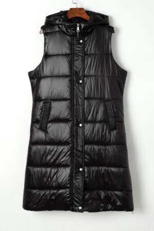 Black Hooded Long Quilted Vest Coat - Image 6