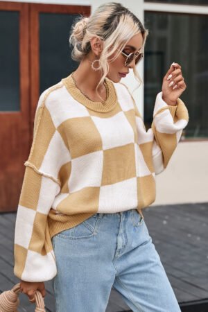 Khaki Checkered Bishop Sleeve Sweater - Image 4