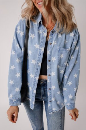 Sky Blue Star Print Light Wash Raw Hem Denim Jacket - Image 5
