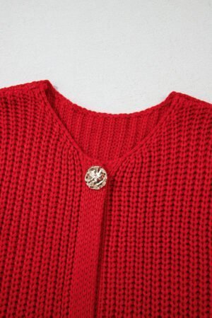 Fiery Red Solid Textured Knit Side Pockets Buttoned Sweater Vest - Image 6