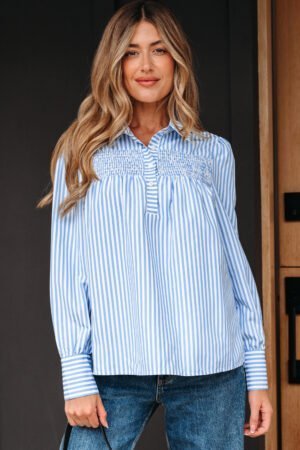 Sky Blue Stripe Shirred Detail Half Placket Collared Long Sleeve Fall Shirt - Image 13