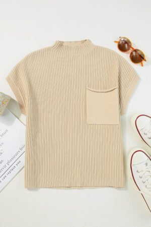 Oatmeal Patch Pocket Ribbed Knit Short Sleeve Sweater - Image 6