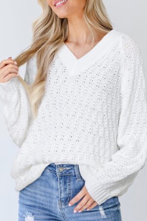 White Textured Knit Ribbed Edge V Neck Loose Sweater - Image 3