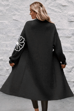 Black Flower Embroidered Drop Shoulder Open Front Duster Cardigan - Image 3