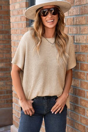 Apricot Short Sleeve Side Slit Oversized Sweater - Image 6