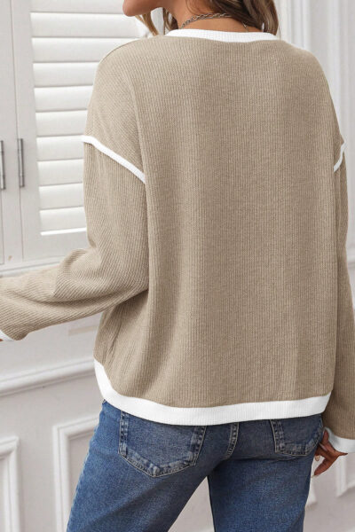 Beige Contrast Color Trim Knit Drop Shoulder Loose Top