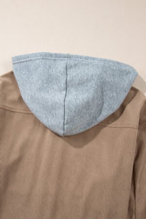 Pale Khaki Hooded Drawstring Pockets Corduroy Shacket - Image 8