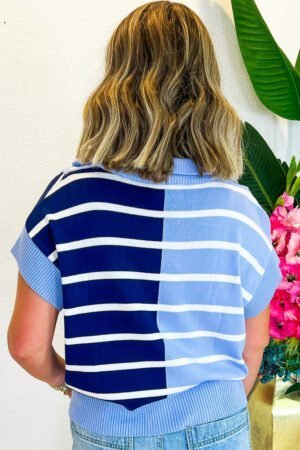 Sky Blue Stripe Colorblock Quarter Zip Collar Sweater Vest - Image 3