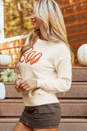 Apricot Boo Knitted Pattern Ribbed Edge Drop Shoulder Sweater - Image 3