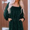 Green Tie Back Square Neck Velvet Babydoll Dress