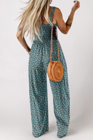 Green Floral Print Smocked High Waist Square Neck Jumpsuit - Image 2