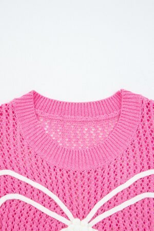 Sachet Pink Sweet Bow Decor Hollow Out Knitted Drop Shoulder Sweater - Image 5