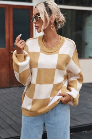 Khaki Checkered Bishop Sleeve Sweater - Image 5