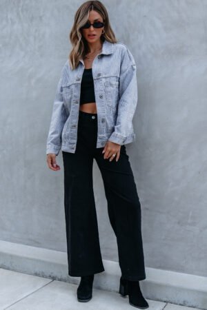 Sky Blue Stripe Washed Oversize Pocketed Denim Jacket - Image 5