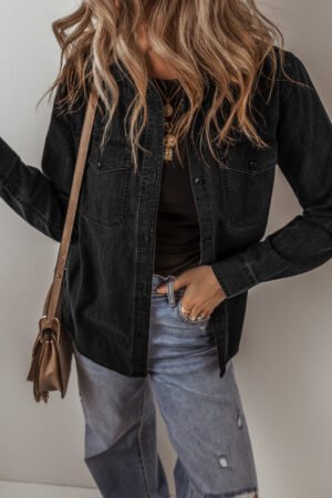 Black Flap Pocket Buttons Collared Jean Jacket - Image 5