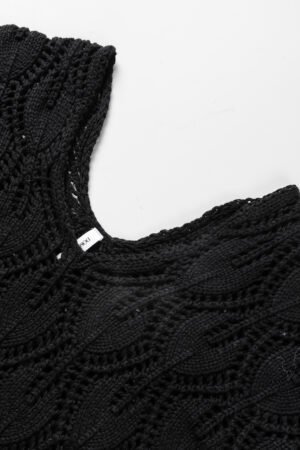 Black Crochet Knit Ribbed Hem Hollow-out Sweater - Image 7