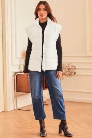 Beige Zipper Stand Neck Oversized Puffer Vest - Image 6