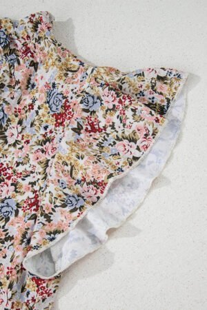 Red Boho Floral Frilled Button Neck Ruffle Short Sleeve Blouse - Image 8