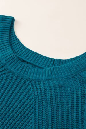 Blue-3 Hollow-out Puffy Sleeve Knit Sweater - Image 6