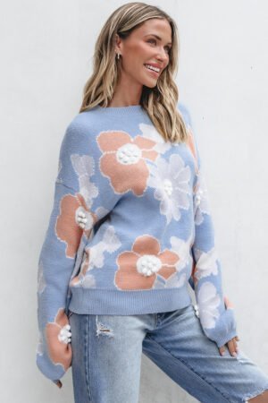 Beau Blue Floral O Neck Drop Shoulder Knitted Sweater - Image 3
