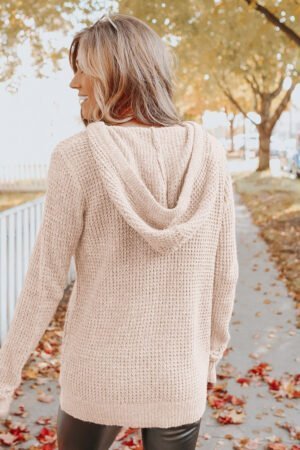 Apricot Waffle Knit Buttons Hooded Sweater with Pocket - Image 6