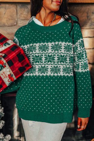 Alternative view of Green Christmas Snowflake Dotted Print Round Neck Sweater