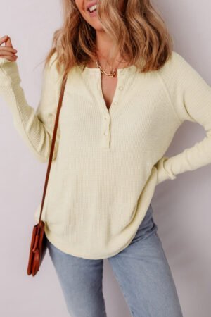 Oatmeal Textured Knit Half Buttons Henley Top - Image 4