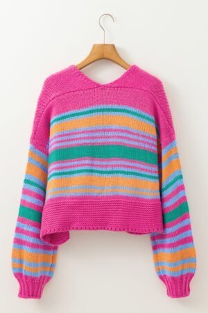 Rose Stripe Colorful Puff Sleeve Drop Shoulder Loose Cardigan - Image 6