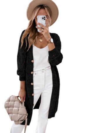 Black Hollow-out Openwork Knit Cardigan - Image 4
