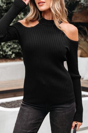 Black Ribbed Knit Cold Shoulder Choker Neck Sweater - Image 15