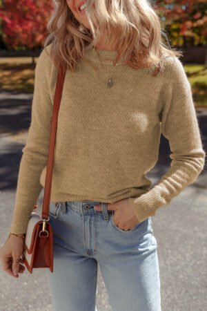 Straw Yellow Brushed Knit Casual Fitted Sweater